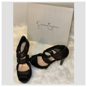 Jessica Simpson black mesh platform heels